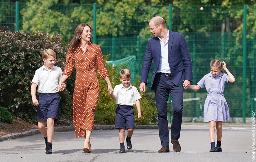 The Duke and Duchess of Cambridge and their children, George, Charlotte and Louis, attend a settling in session at Lambrook School. Kate Middleton is dressed in a brown polka dot dress by Rixo.