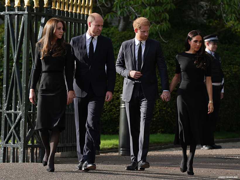 William, Harry, Meghan and Kate walking outside of Windsor Castle