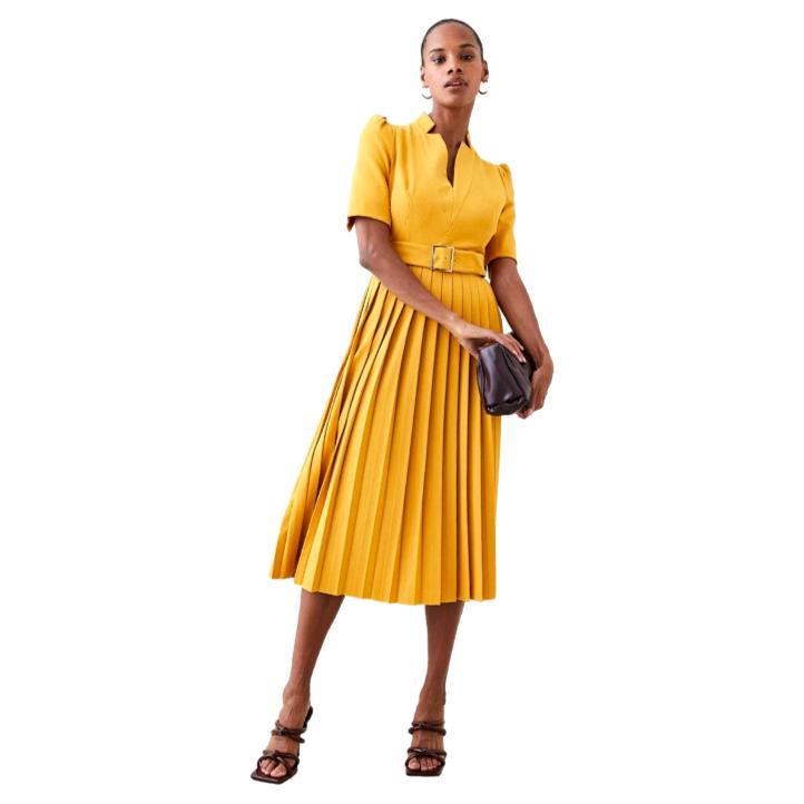 Karen Millen Forever Dress in Ochre Yellow with Pleats