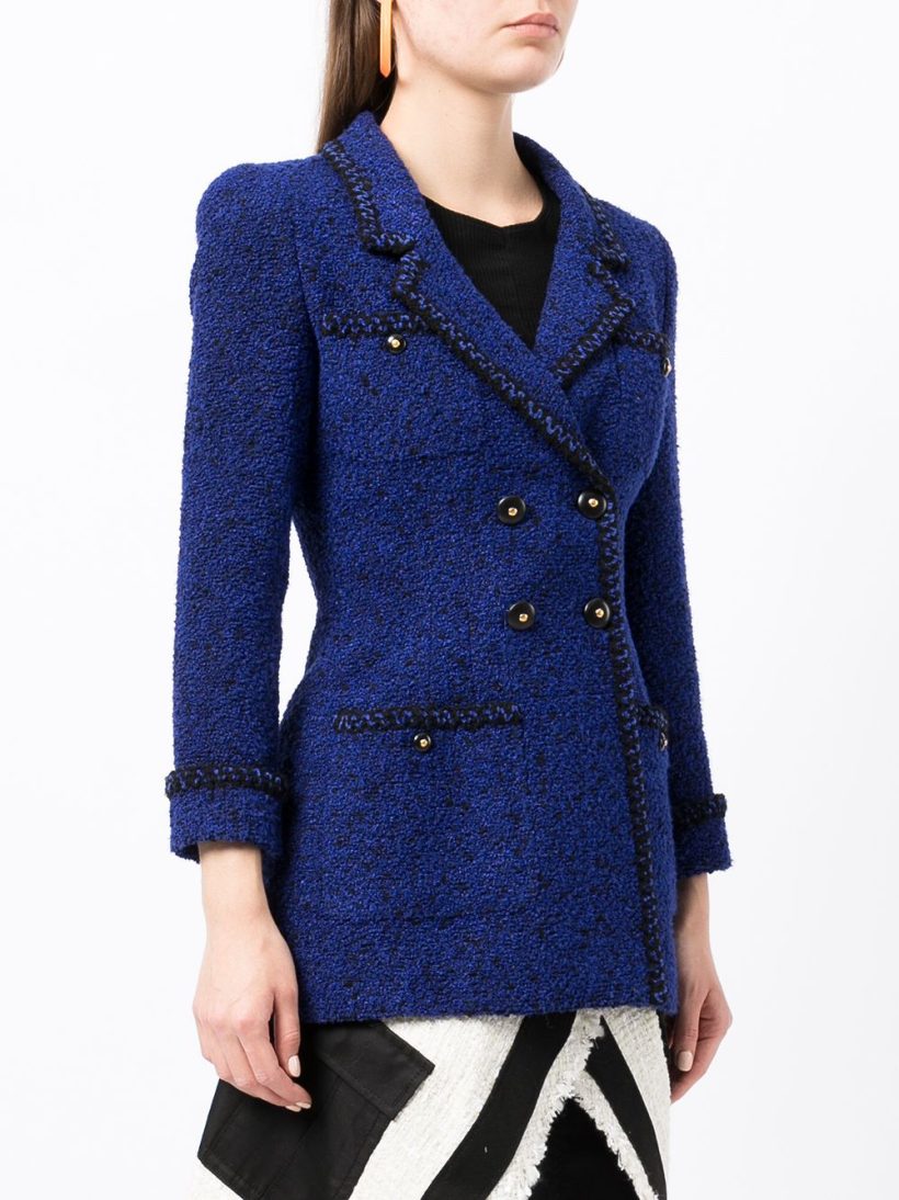 Model wearing the Chanel jacket in cobalt blue