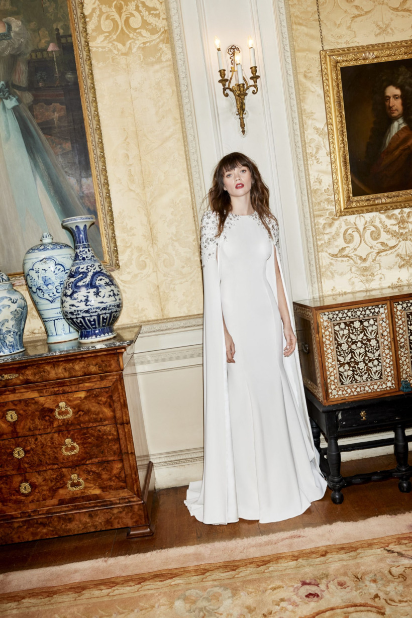Model wearing the Jenny Packham Elspeth gown in ivory from the designer's 2021 bridal campaign.