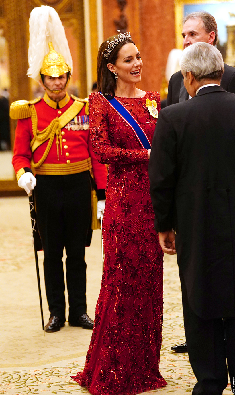 Kate Middleton Sparkles In Red Gown & Lotus Flower Tiara at 2022 Diplomatic Reception