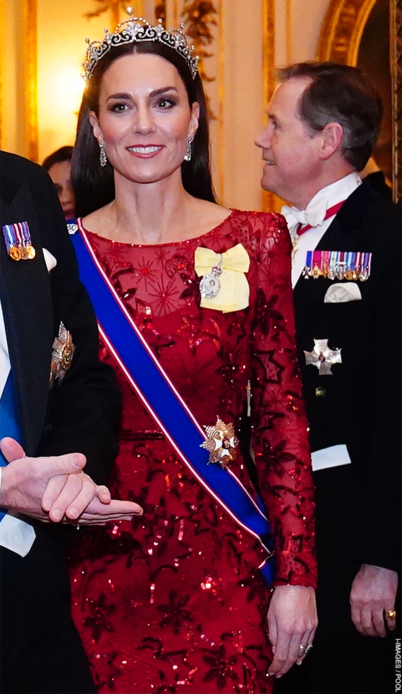 The Princess of Wales at the 2022 Diplomatic Reception.  Kate wears a red glittering gown and the Lotus Flower Tiara.
