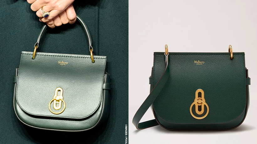 A side-by-side composite of two bags together, for comparison. On the left is Kate Middleton holding the Mulberry Amberley Satchel with a top handle in green. On the right is the stock image of the same satchel from Mulberry's website with a the arm strap not top handle.