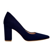 Emmy London Josie Block Heel Pointed Court Shoe in Midnight Navy Suede