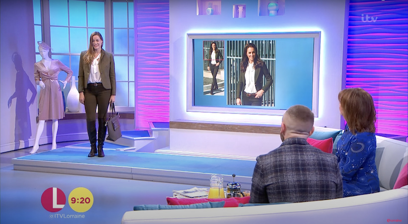 A still of the style segment on daytime television show Lorraine. The stylist has dressed the model in an outfit that looks like one worn by Kate.