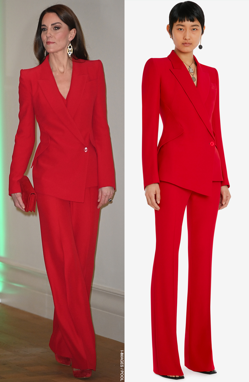 Kate Middleton wearing her bold red Alexander McQueen suit, alongside a model from Alexander McQueen's website wearing the same look. The suit jacket has a long asymmetric drop hem. The trousers are long and flowing with a pleat down the front.