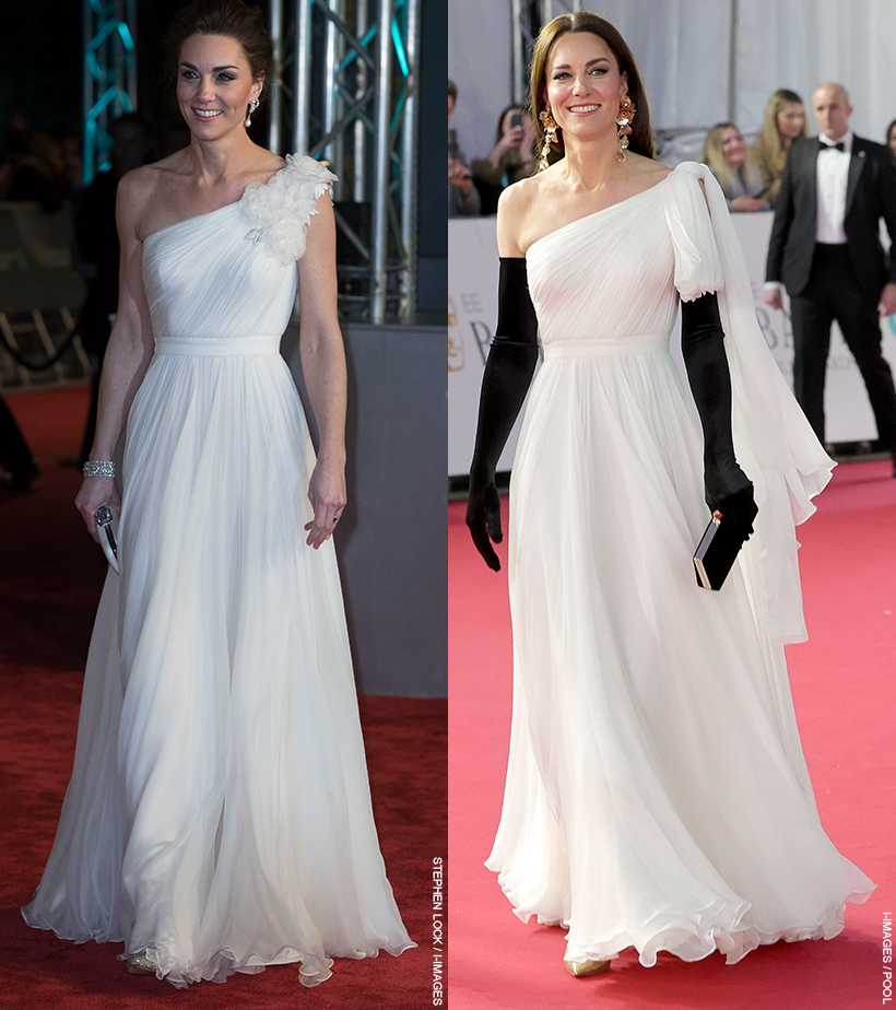 Same dress, two different looks! Kate Middleton wearing a white one-shoulder Grecian gown to the 2019 BAFTA awards on the left. Kate Middleton wearing the same gown with different accessories at the 2023 BAFTA Awards on the right.