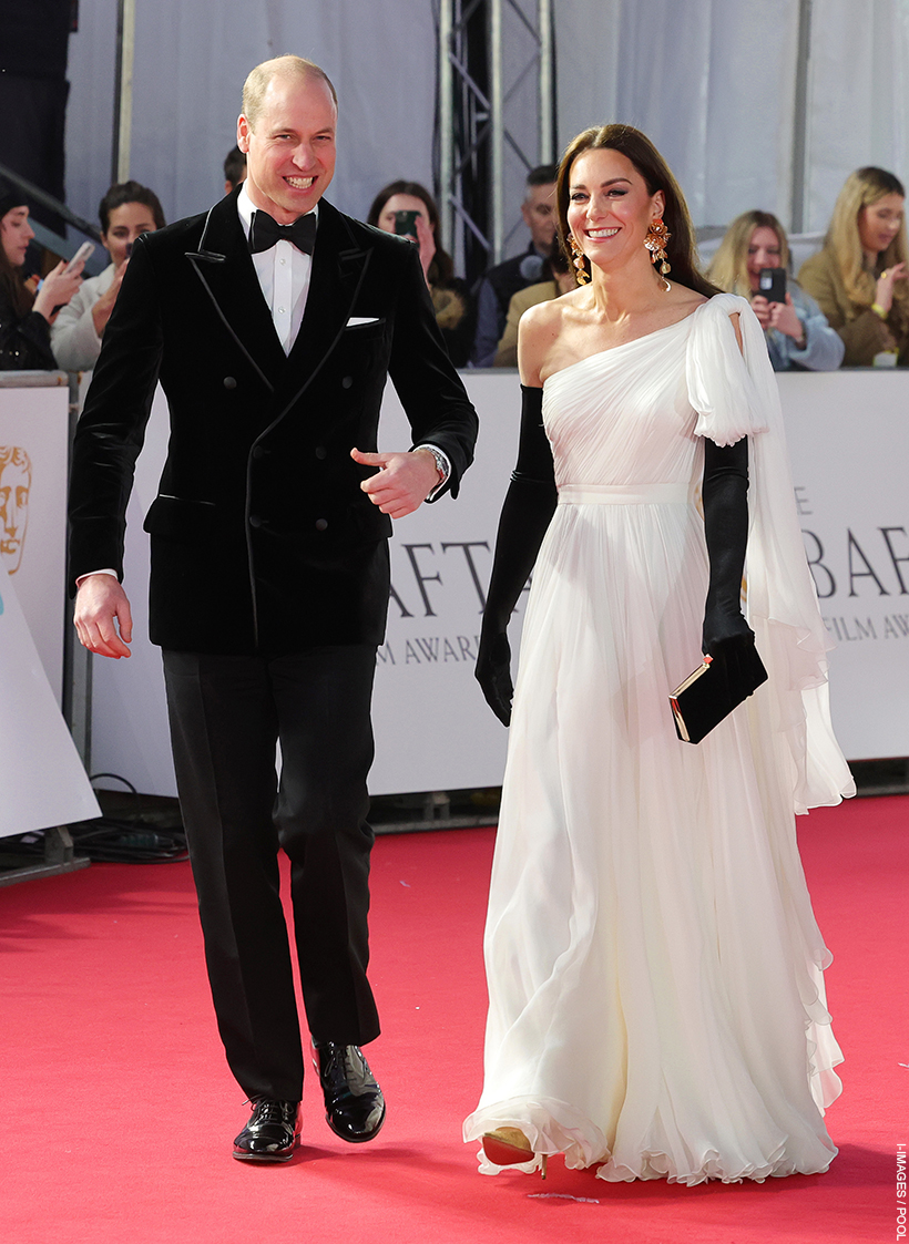 The Prince and Princess of Wales on the BAFTA red carpet. The Princess wore an upcycled gown to BAFTAs with high street store earrings.