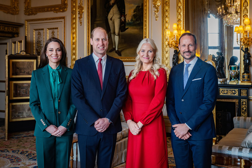 The Princess of Wales stood posing with her husband, the Prince of Wales, and the two Norwegian Royals.