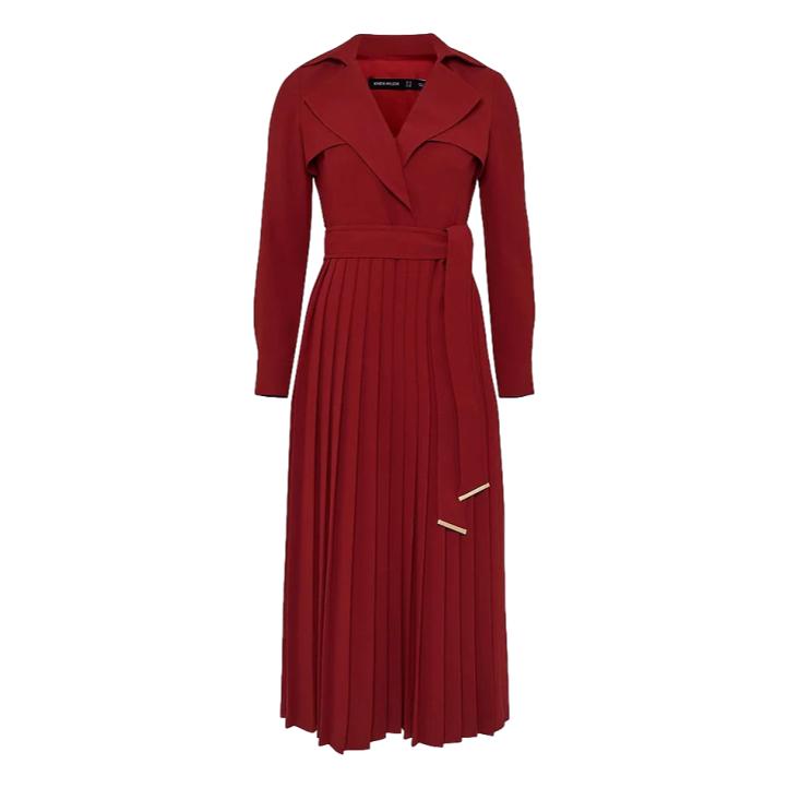 Long Sleeve Woven Pleated Midi Trench Dress in Merlot
