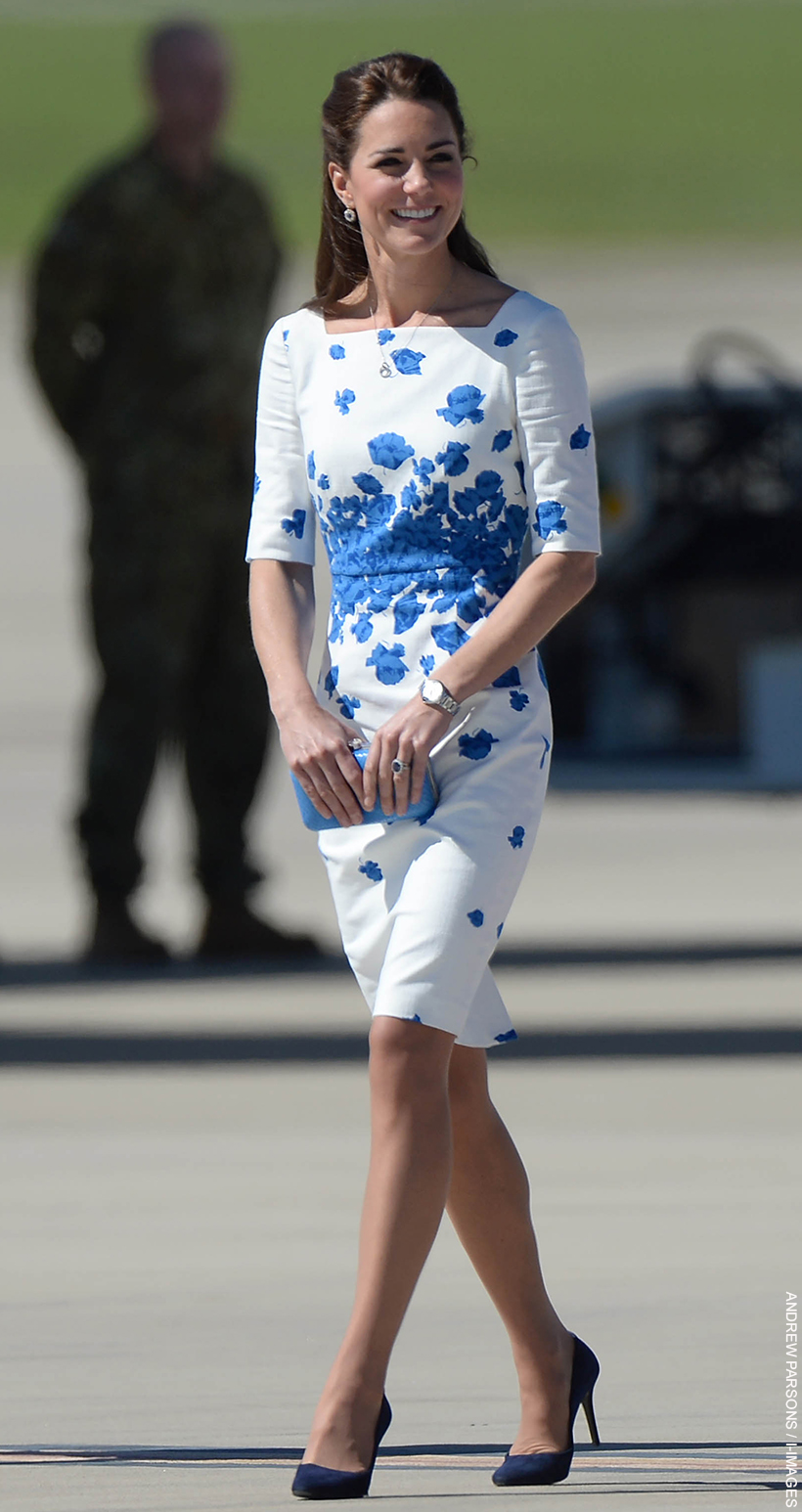 Kate Middleton chooses a floral L.K. Bennett dress for an engagement in New Zealand in Spring 2014.