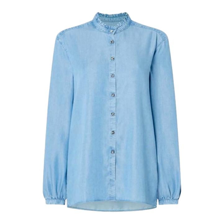 Really Wild Blue Denim Chambray Frill Neck Shirt