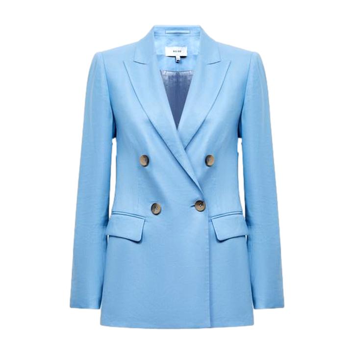 Reiss Hollie Double Breasted Linen Blazer in Blue