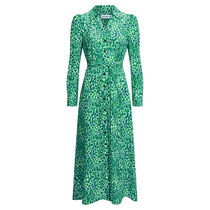 Cefinn Petra Silk Maxi Shirt Dress in Green Leopard Pansy Print