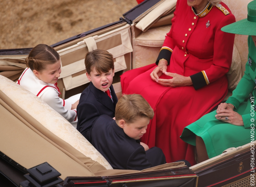 Prince Louis looks up at the army photographer