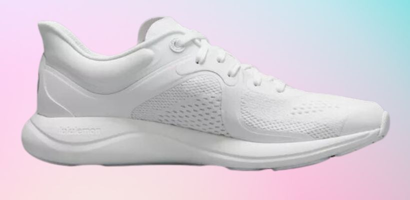 Lululemon Chargefeel workout shoe in white on a pink and blue background.