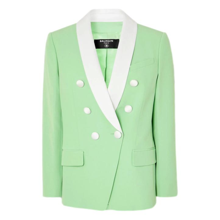 A closer look at the mint green Balmain double-breasted blazer with white lapels