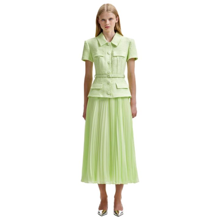 Self Portrait Lime Green Boucle Collared Chiffon Midi Dress