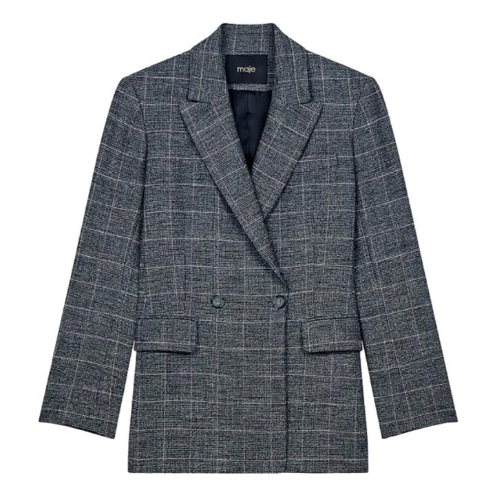 Maje Vincio Double-Breasted Grey Check Blazer