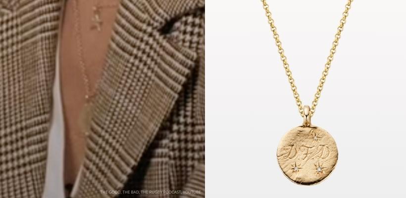 A close up of Kate's pennant necklace, side by side with the Gold Daniella Draper pendant, featuring three diamonds and three initials alongside.