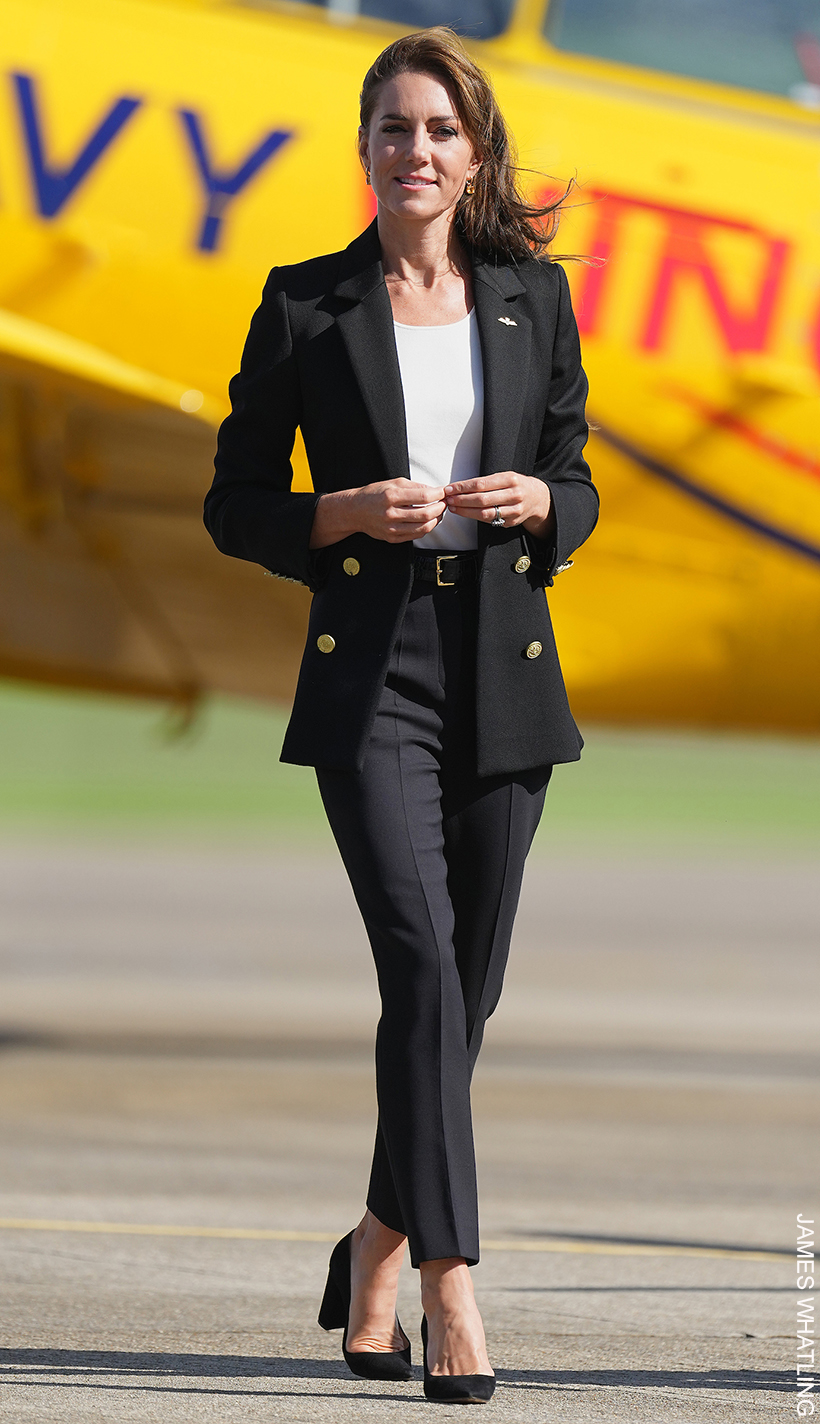 The Princess of Wales wears a black double breasted blazer by Holland Cooper with a white T-shirt and black trousers