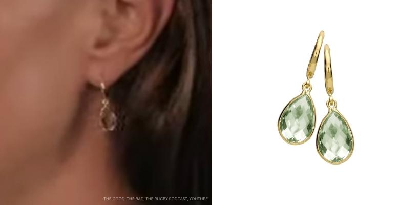 Close up of Kate's earrings alongside a stock photo from Kiki McDonough. The gold earrings are pear shape and feature a green aquamarine stone.