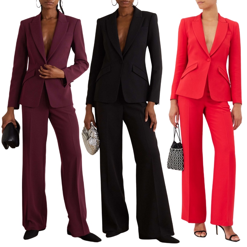 Three product catalogue shots of Roland Mouret suits - in burgundy, black and red.