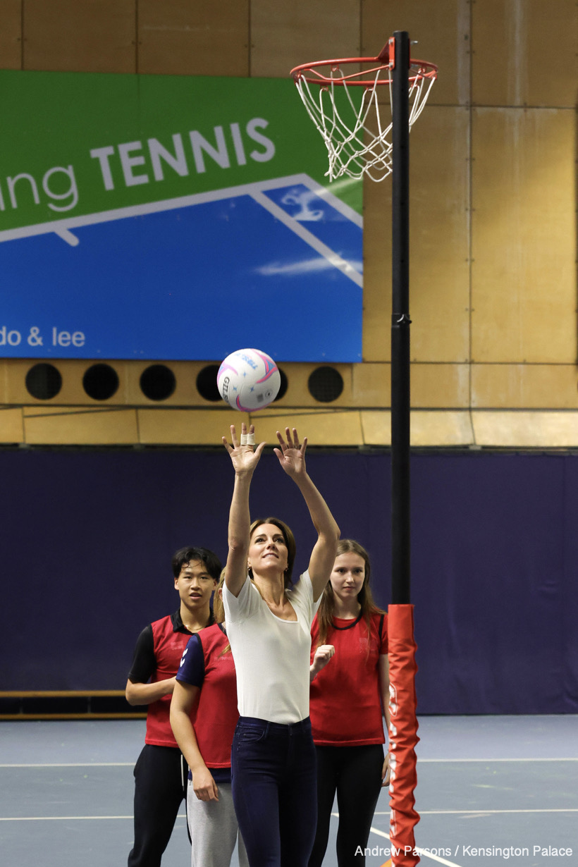 12/10/2023. Marlow, UK. The Prince and Princess of Wales attend a mental fitness workshop run by SportsAid at Bisham Abbey National Sports Centre. The workshop, which is run in conjunction with SportsAid’s charity partner BelievePerform, aims to support young sports people and their families to manage their mental wellbeing and understand how they can help themselves and each other to build the skills for happy and healthy experiences in sport and life. Picture by Andrew Parsons / Kensington Palace