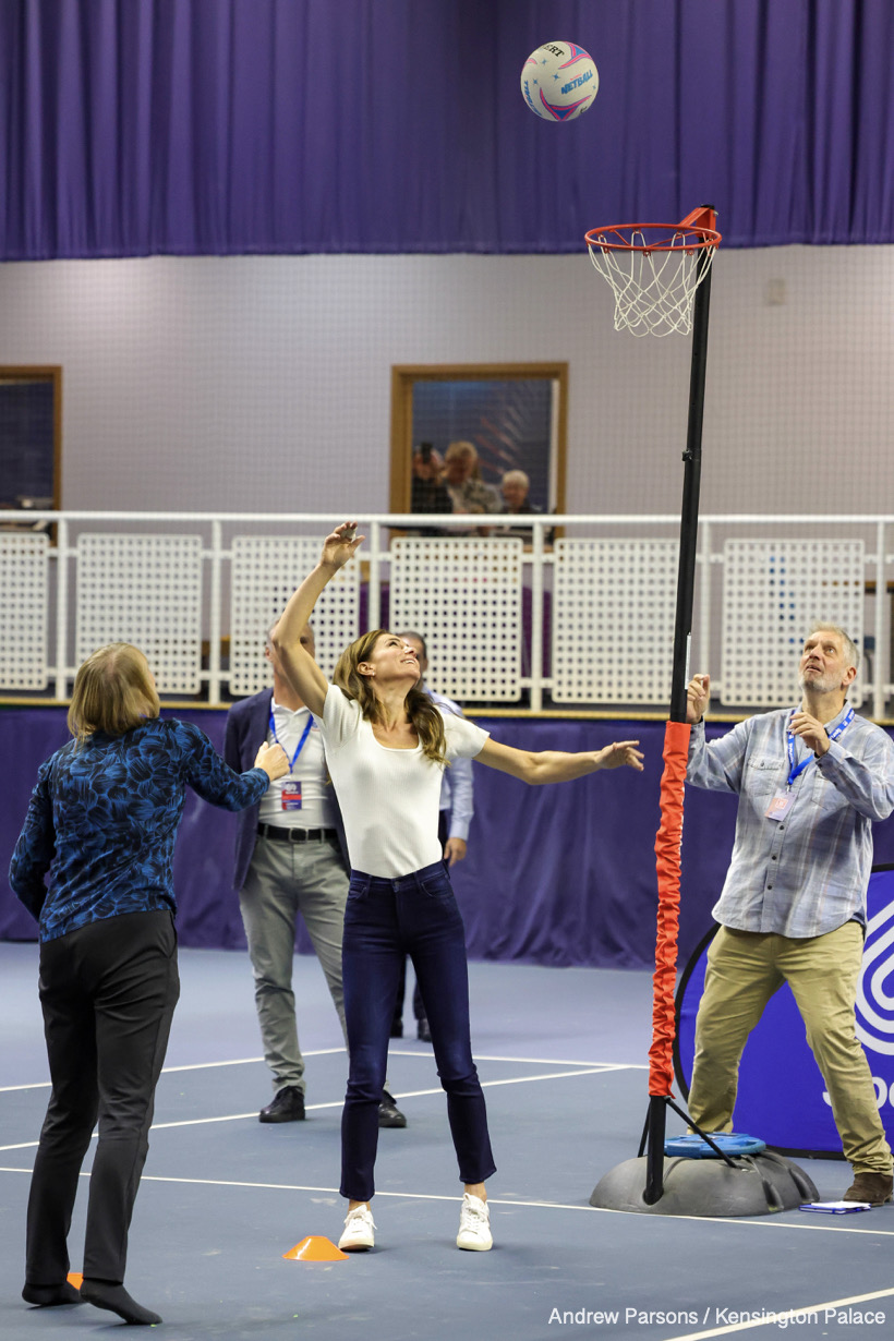 12/10/2023. Marlow, UK. The Prince and Princess of Wales attend a mental fitness workshop run by SportsAid at Bisham Abbey National Sports Centre. The workshop, which is run in conjunction with SportsAid’s charity partner BelievePerform, aims to support young sports people and their families to manage their mental wellbeing and understand how they can help themselves and each other to build the skills for happy and healthy experiences in sport and life. Picture by Andrew Parsons / Kensington Palace