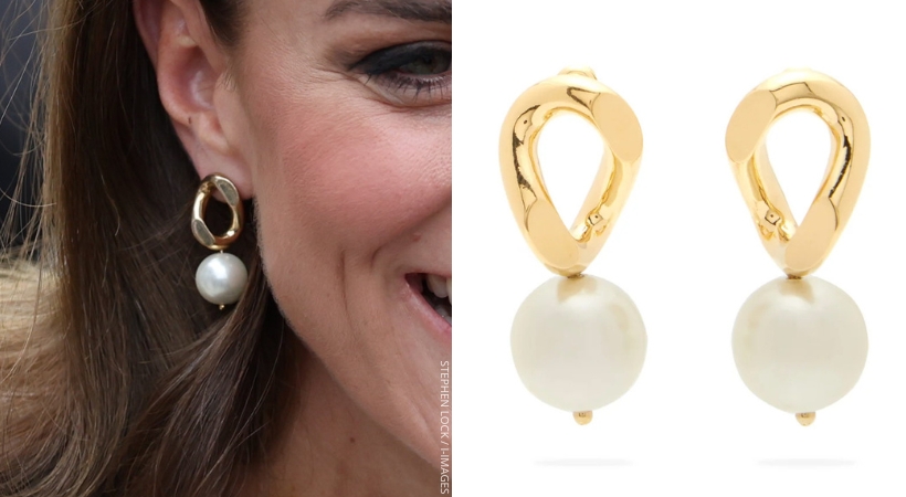 Kate Middleton wearing the pearl and gold earrings by Simone Rocha. Side by Side with the product image from Simone Rocha.