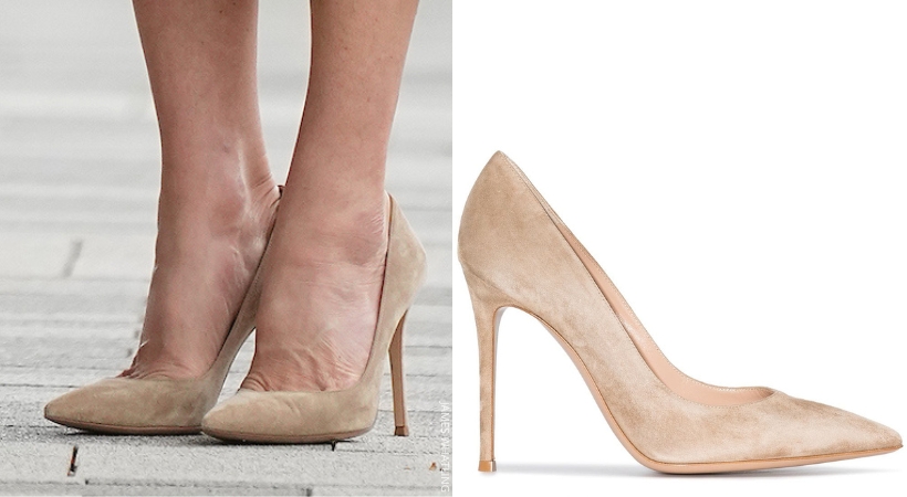 Kate Middleton wearing the biscuit coloured 105 pumps by Gianvito Rossi. They feature a pointed toe. Side by Side with the product image from Rossi.
