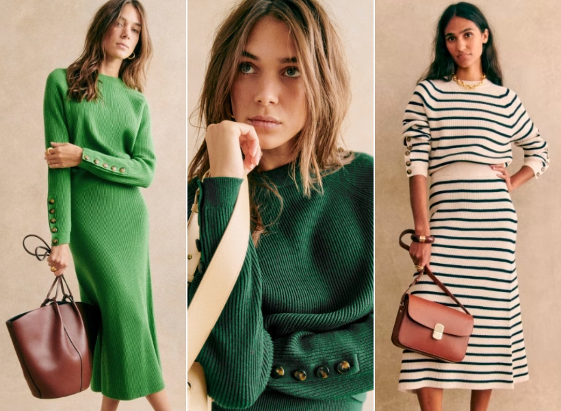 A look at the knitted co-ord set in three other colours, emerald green, forest green and natural/navy stripe.