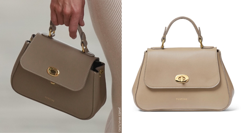 Kate Middleton holding the taupe Mini Holly bag by Tusting. Side by side with the product image from Testing.