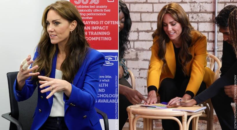 Two photos showing Kate Middleton at recent engagements. She’s dressed in a blue blazer in one photo and a yellow blazer in the other.