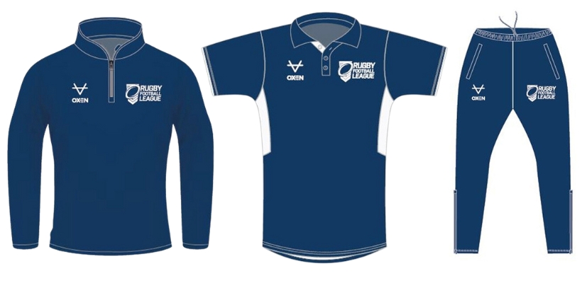 Oxen RFL team kit in blue. 1/4 zip top, polo neck and tracksuit bottoms shown.