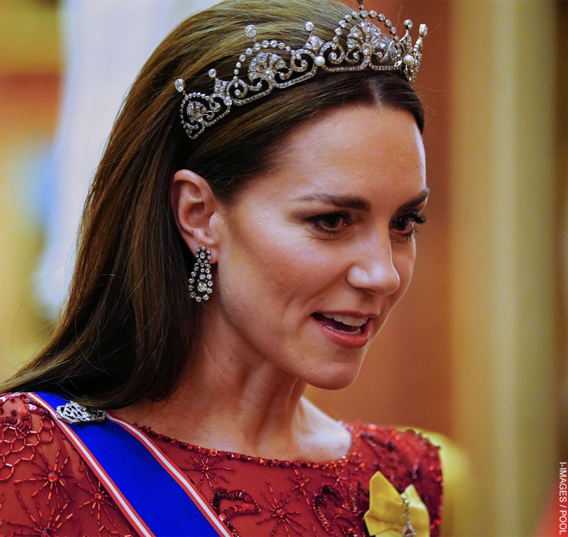 Kate Middleton, better known by her royal title of The Princess of Wales, wearing the Lotus Flower Tiara.