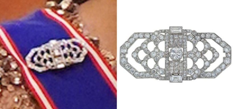 Kate Middleton wearing an Art Deco brooch, used to pin her Royal Victorian Order sash to her gown. Next to the photo, there's a picture of the brooch from Bentley and Skinner's online catalogue.