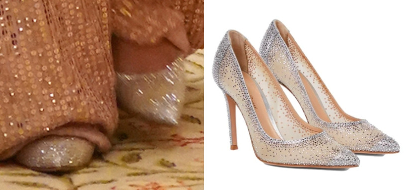 A glimpse of Kate Middleton’s Gianvito Rossi ‘Rania’ 105 pumps in silver, showcasing the contrast between taupe and silver sections next to a product shot of the same shoes from Gianvito Rossi's website.