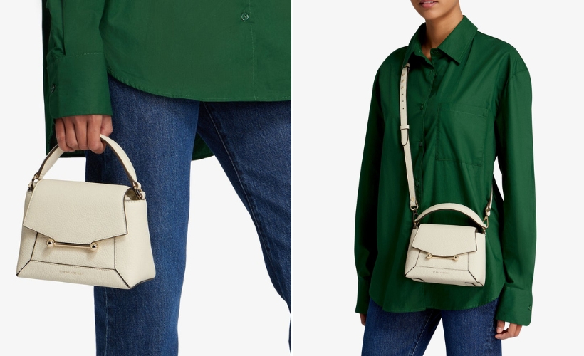 Model demonstrating two different ways of using the handbag, either crossbody or in the hand.