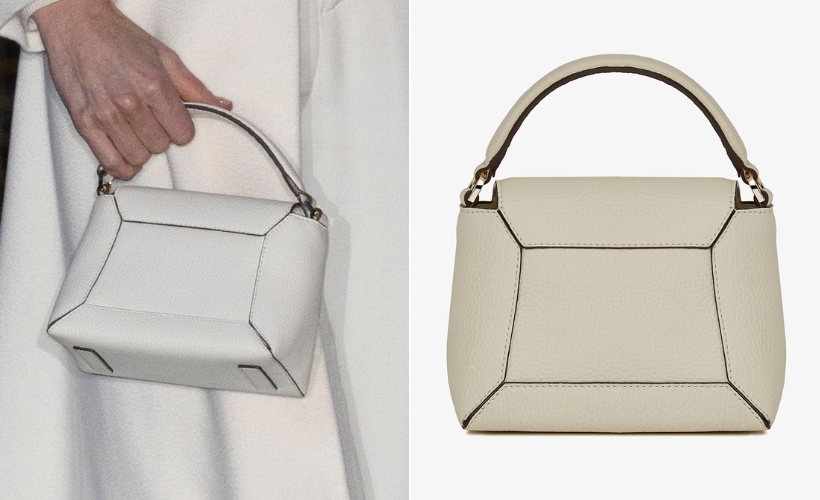 Kate Middleton holding her creamy-white handbag backwards, a second image shows a stock image of the reverse of the bag. Both bags match.