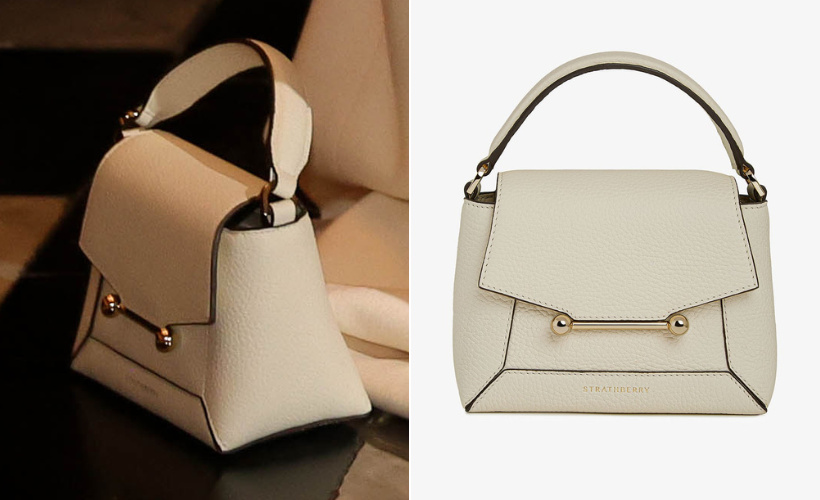 Composite showing the cream Strathberry bag by Kate's feet, and a stock image of the same bag on the brand's website. Image illustrates the bag Kate carries if from Strathberry.
