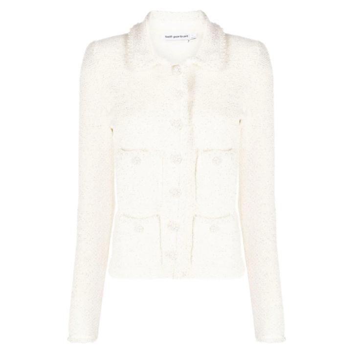 Self-Portrait White Pearl-Trim Sequin Jacket