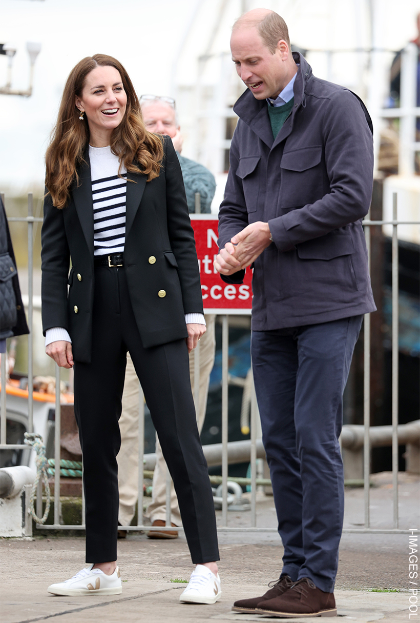 The Princess of Wales re-wears the black Holland Cooper blazer with a more informal outfit. This time, a striped T-shirt and trainers