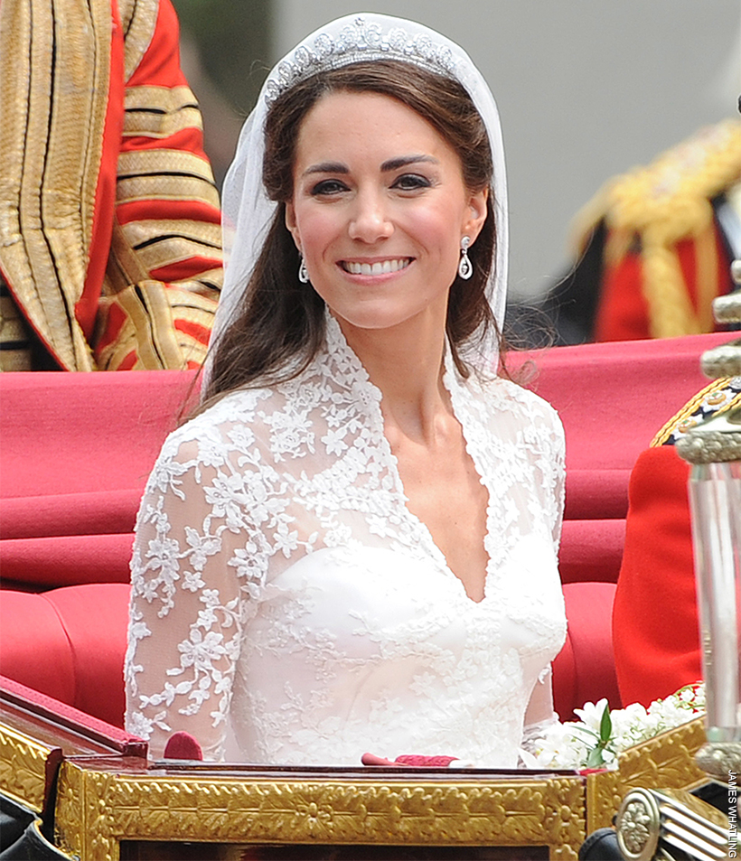 The Princess of Wales on her wedding day, wearing the Cartier Halo Tiara and a pair of Oak Leaf Earrings.