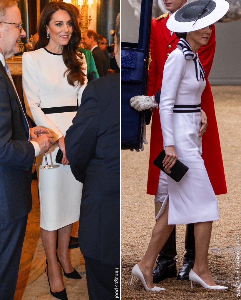 A side-by-side comparison showing the Princess's two similar looks. Did she upcycle the white dress by wearing it again with new additions?