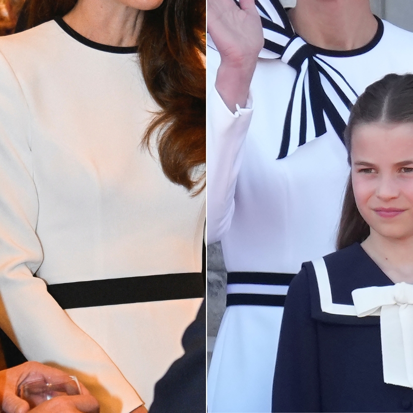 A side-by-side comparison showing the Princess's two similar looks. Did she upcycle the white dress by adding a bow to the neckline & swapping the belt?