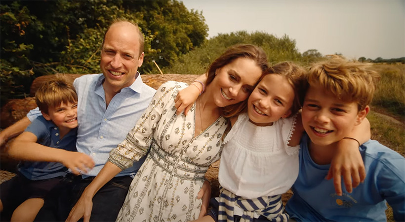 Kate Middleton in a Veronica Beard dress with Prince William and their three children in a field, from her autumn 2024 video message announcing she had completed chemotherapy treatment