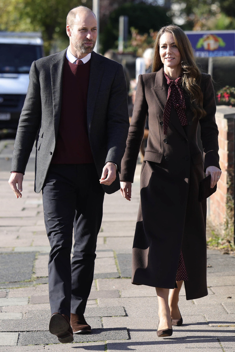 Kate Middleton In Burgundy Dress & Brown Coat For Unannounced Visit to Southport