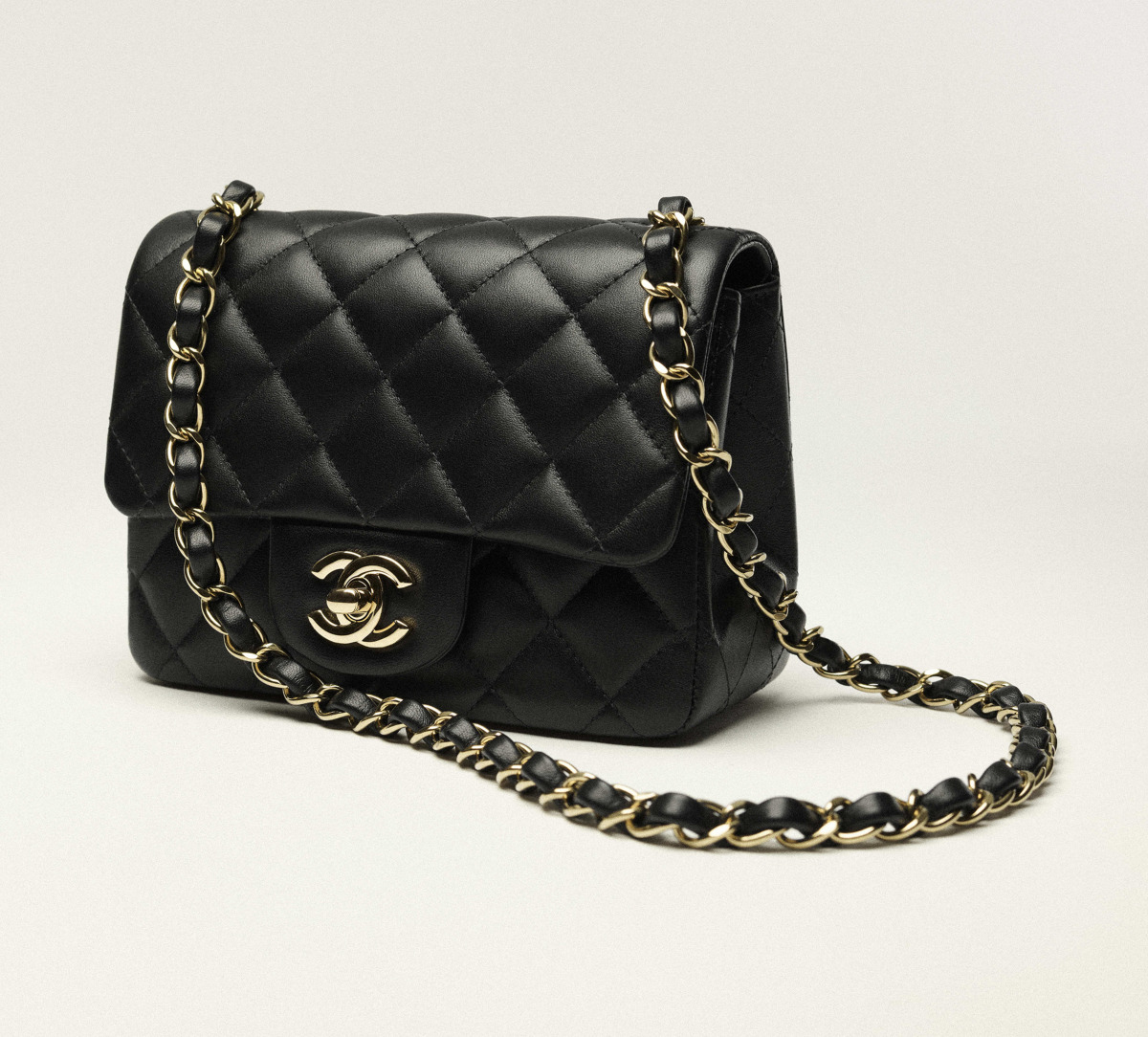 A side on view of the Chanel handbag